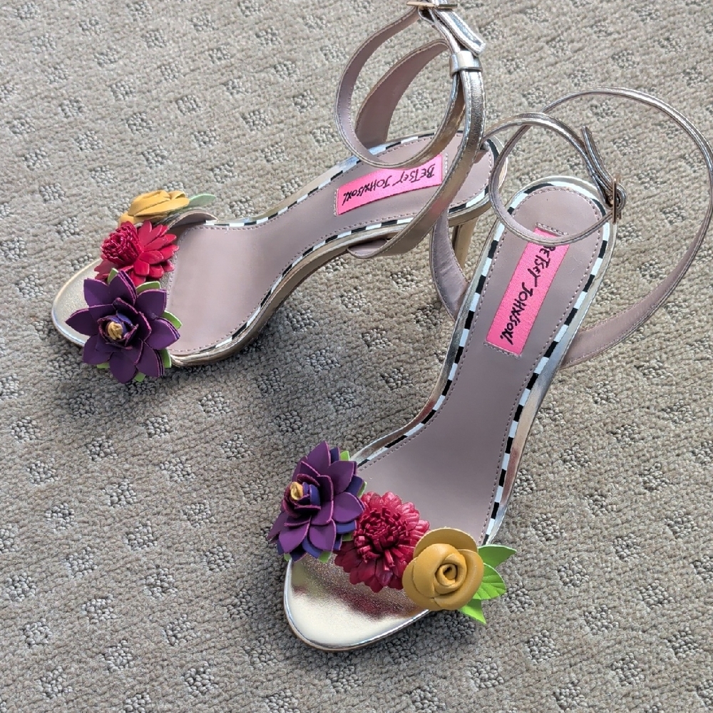 Betsey Johnson Gold Heels with Purple and Pink Floral Accents